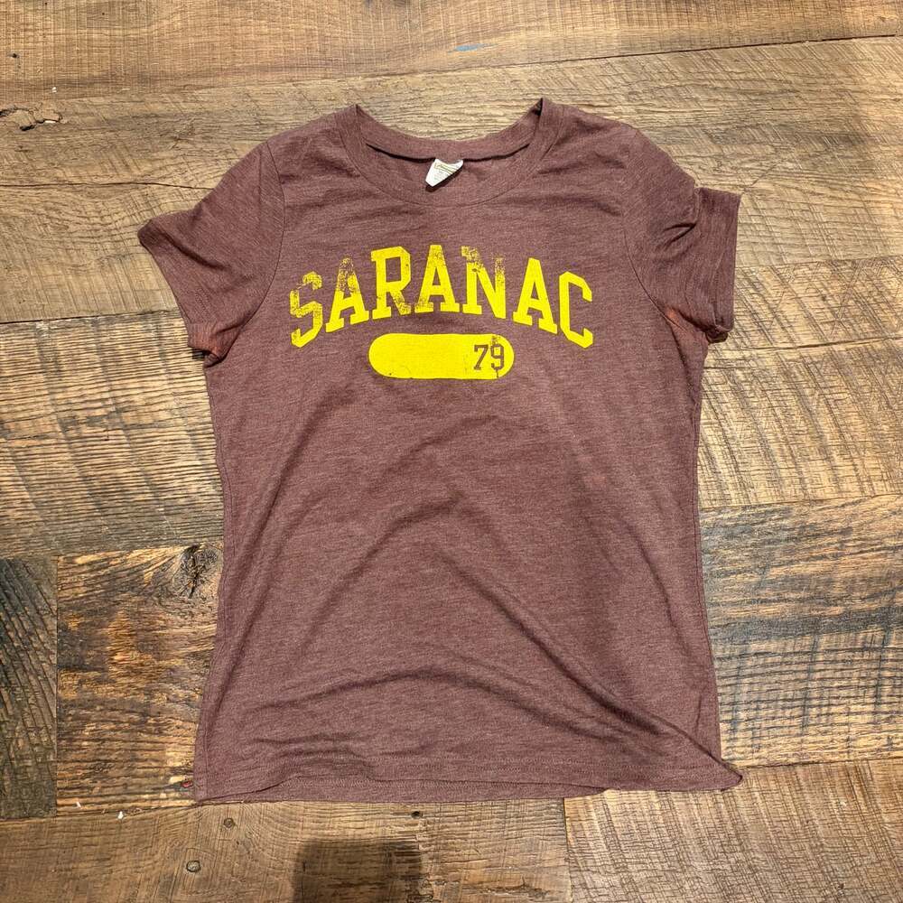 Abercrombie & Fitch Saranac 79 Graphic Tee Women’s Large Brown Yellow Distressed